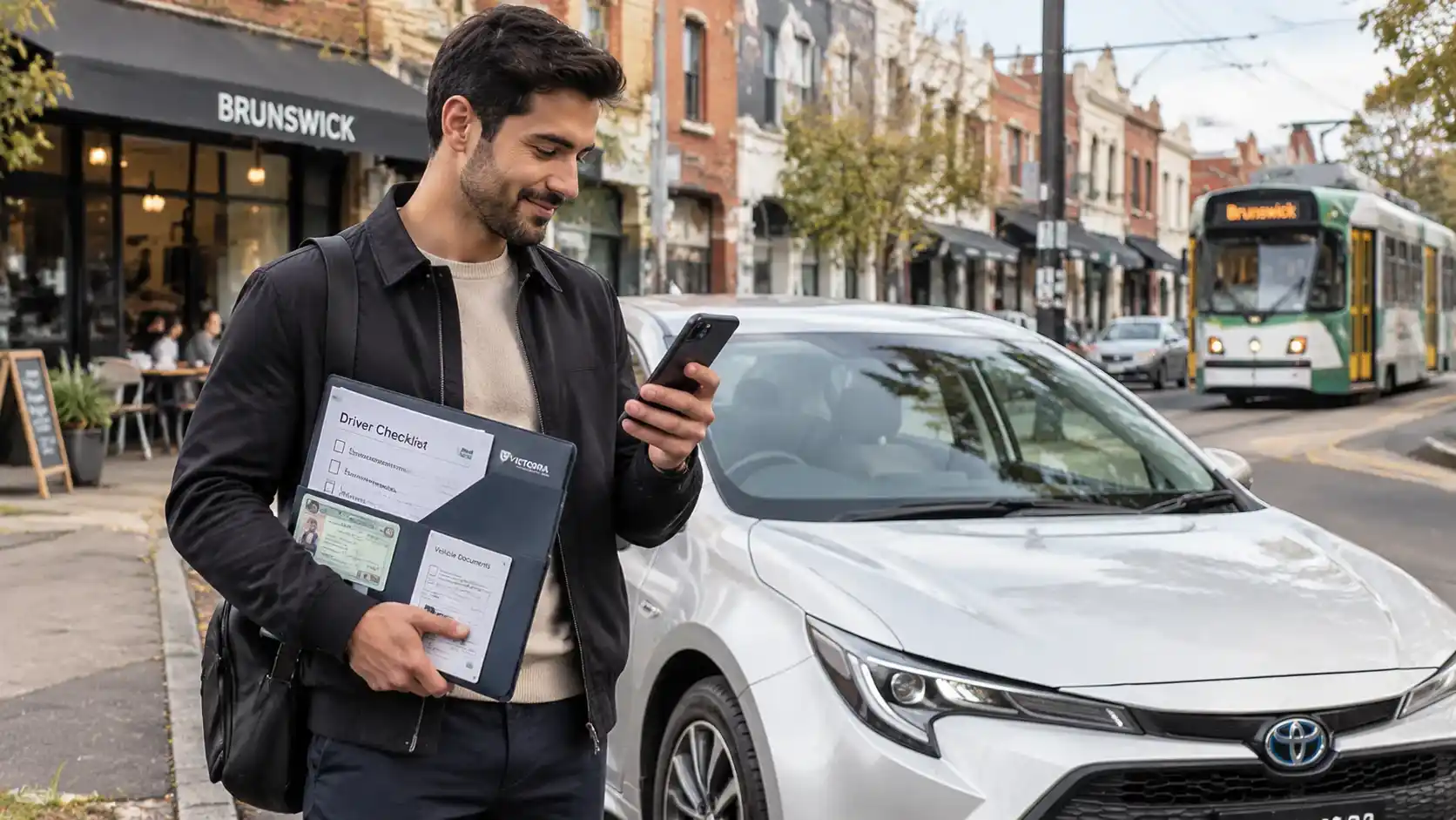 Aspiring Uber driver preparing a hybrid rental car in Melbourne