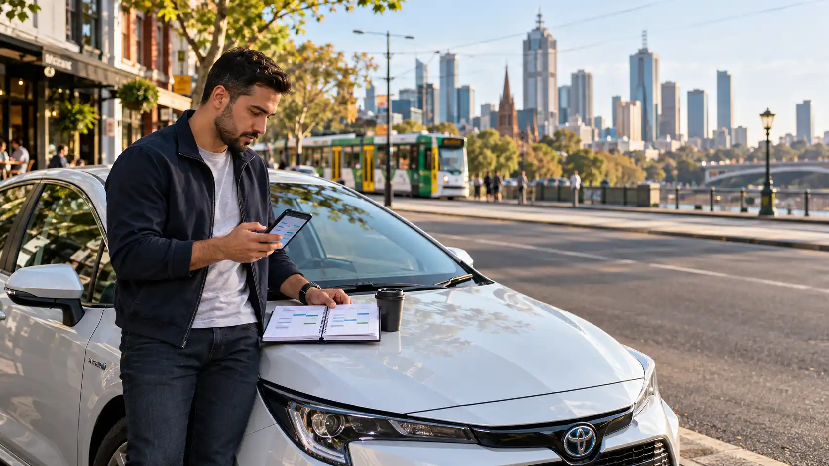 Melbourne rideshare driver planning weekly Uber driving hours beside a hybrid car.