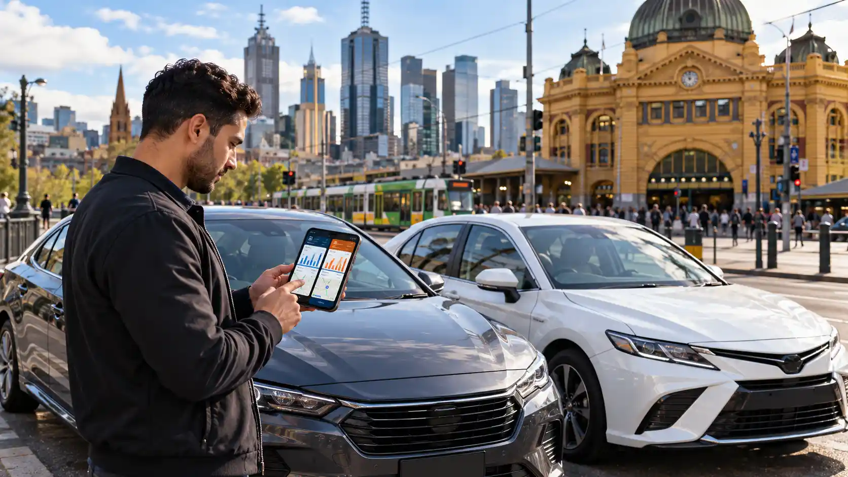 Rideshare driver comparing Uber vs DiDi earnings in Melbourne beside two rental cars, with the Melbourne city skyline in the background.