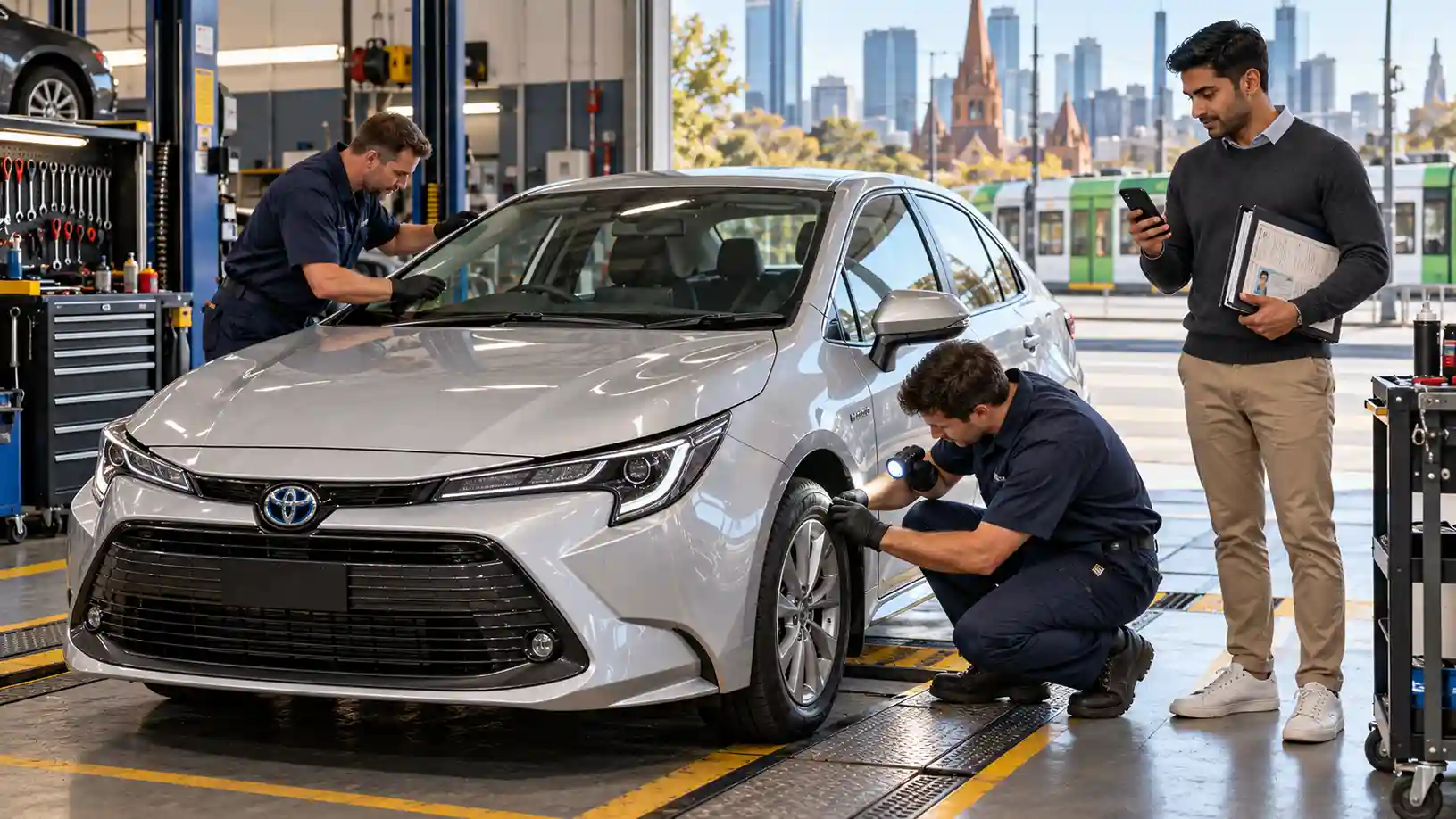 Uber vehicle inspection in Melbourne showing a mechanic checking a Toyota Corolla Hybrid while a rideshare driver prepares background check documents.